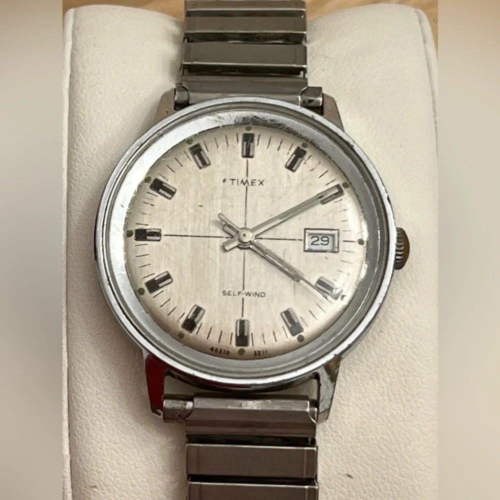 Timex Men’s Watch Vintage Self-Winding Silver-Tone Case Stretch Bracelet RARE